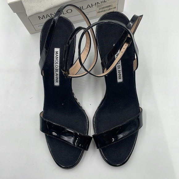 Manolo Blahnik Gorgeous Ribera Black Patent Leather Woven Wedge Anklet Sandles - Picture 2 of 12